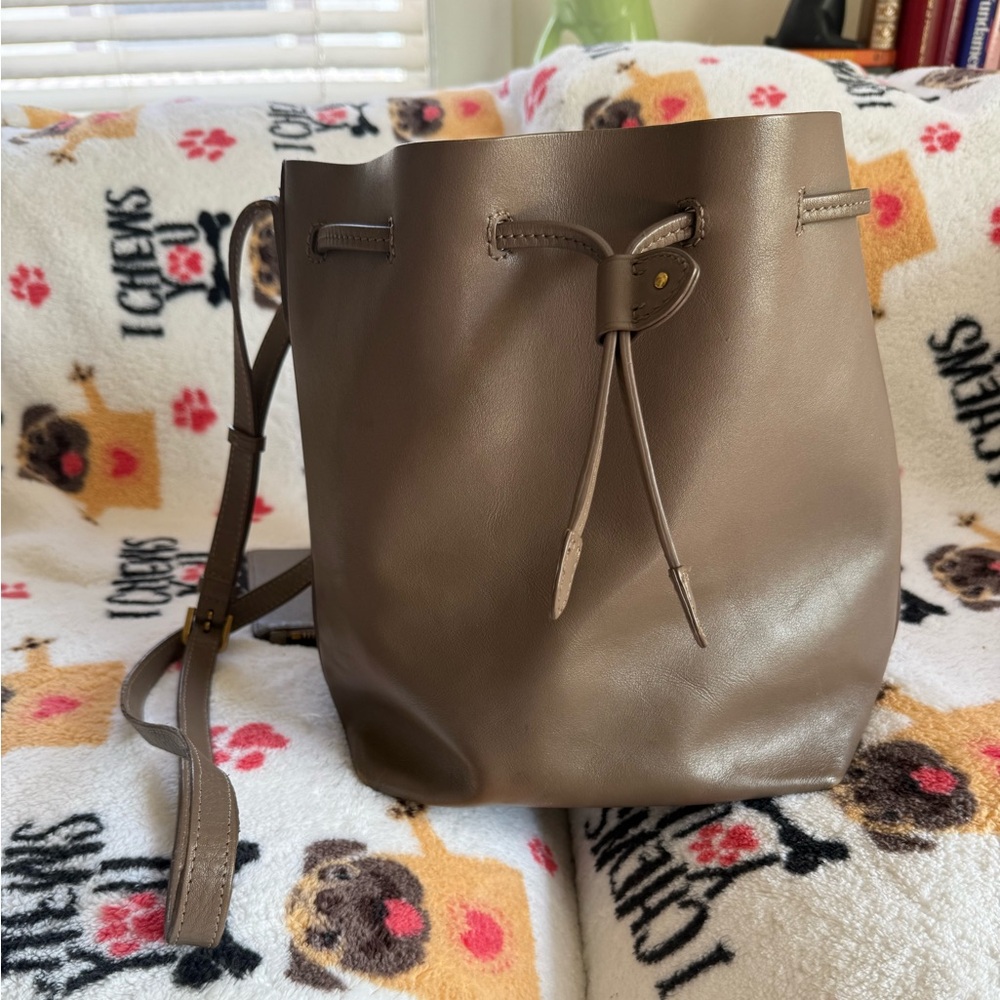 Polo by Ralph Lauren Taupe Leather Bucket Bag with Drawstring Closure